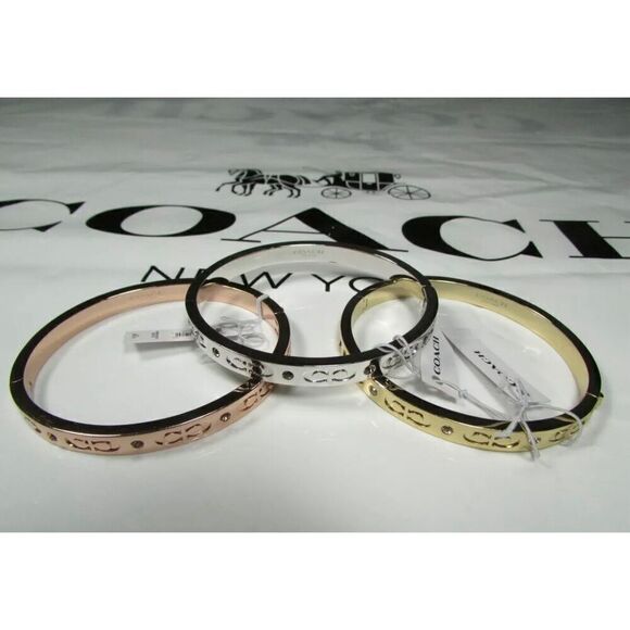 Coach Signature Hinged Gold Bangle Womens Causal Rhinestone Bracelet New - Picture 3 of 4